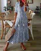 Ikat Print Tassel Tie V-Neck Boho Maxi Dress