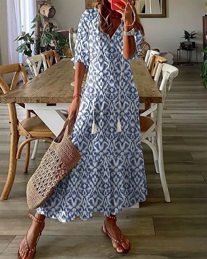 Ikat Print Tassel Tie V-Neck Boho Maxi Dress