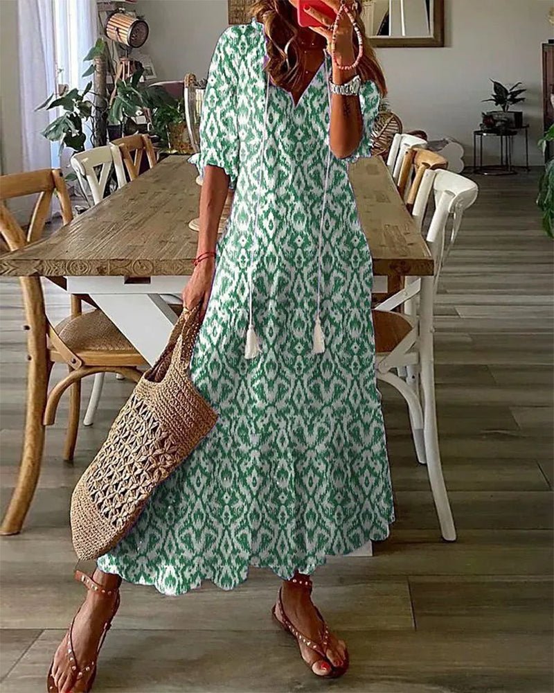 Ikat Print Tassel Tie V-Neck Boho Maxi Dress