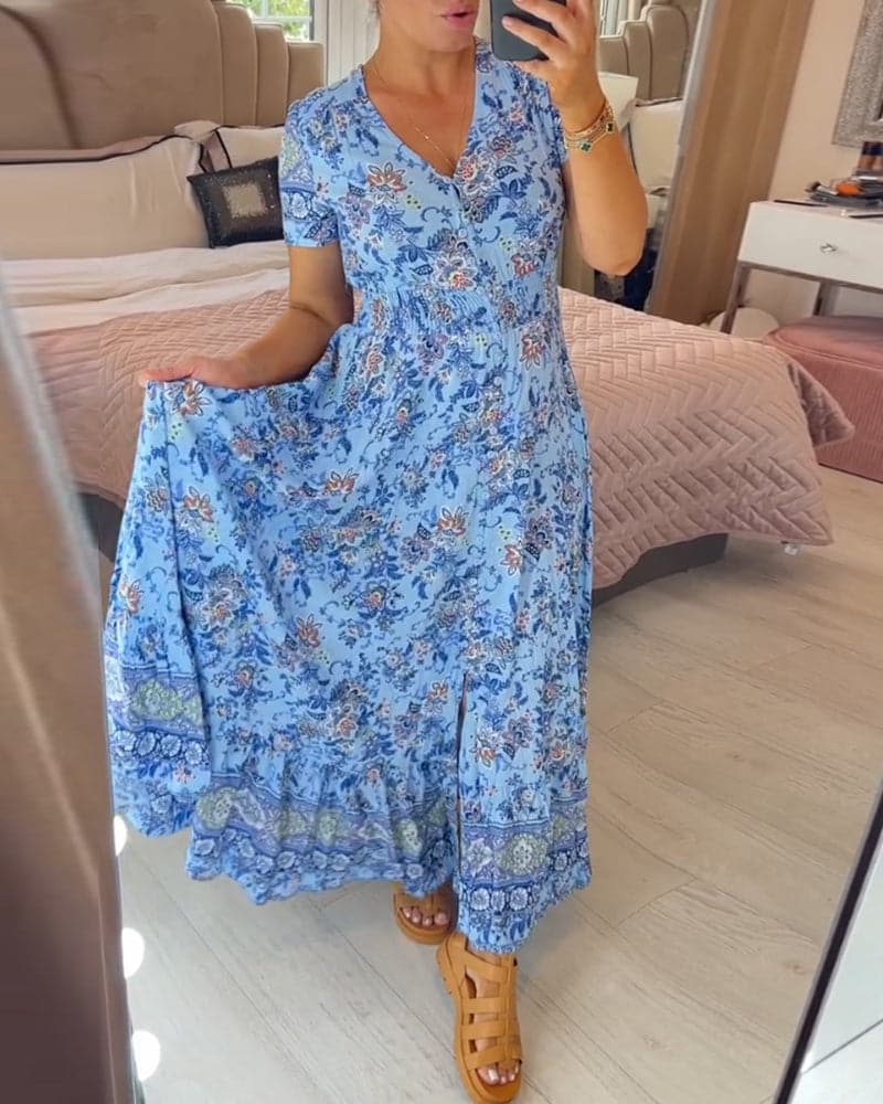 Floral Paisley V Neck Short Sleeve Boho Maxi Dress