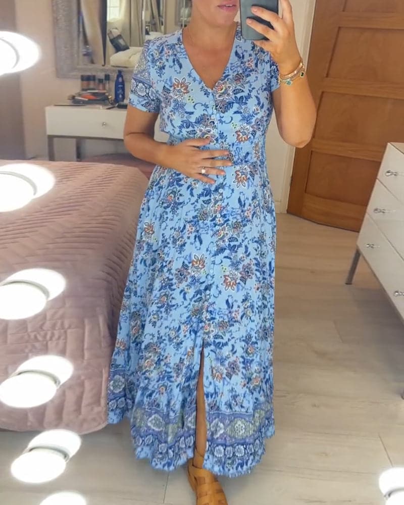 Floral Paisley V Neck Short Sleeve Boho Maxi Dress