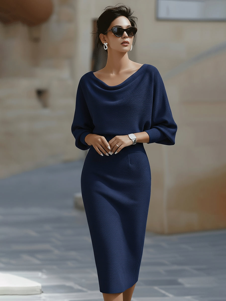 Cowl Neck Batwing Sleeve Ribbed Knit Midi Dress