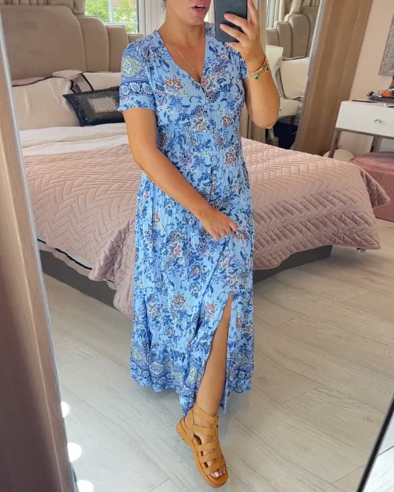 Floral Paisley V Neck Short Sleeve Boho Maxi Dress