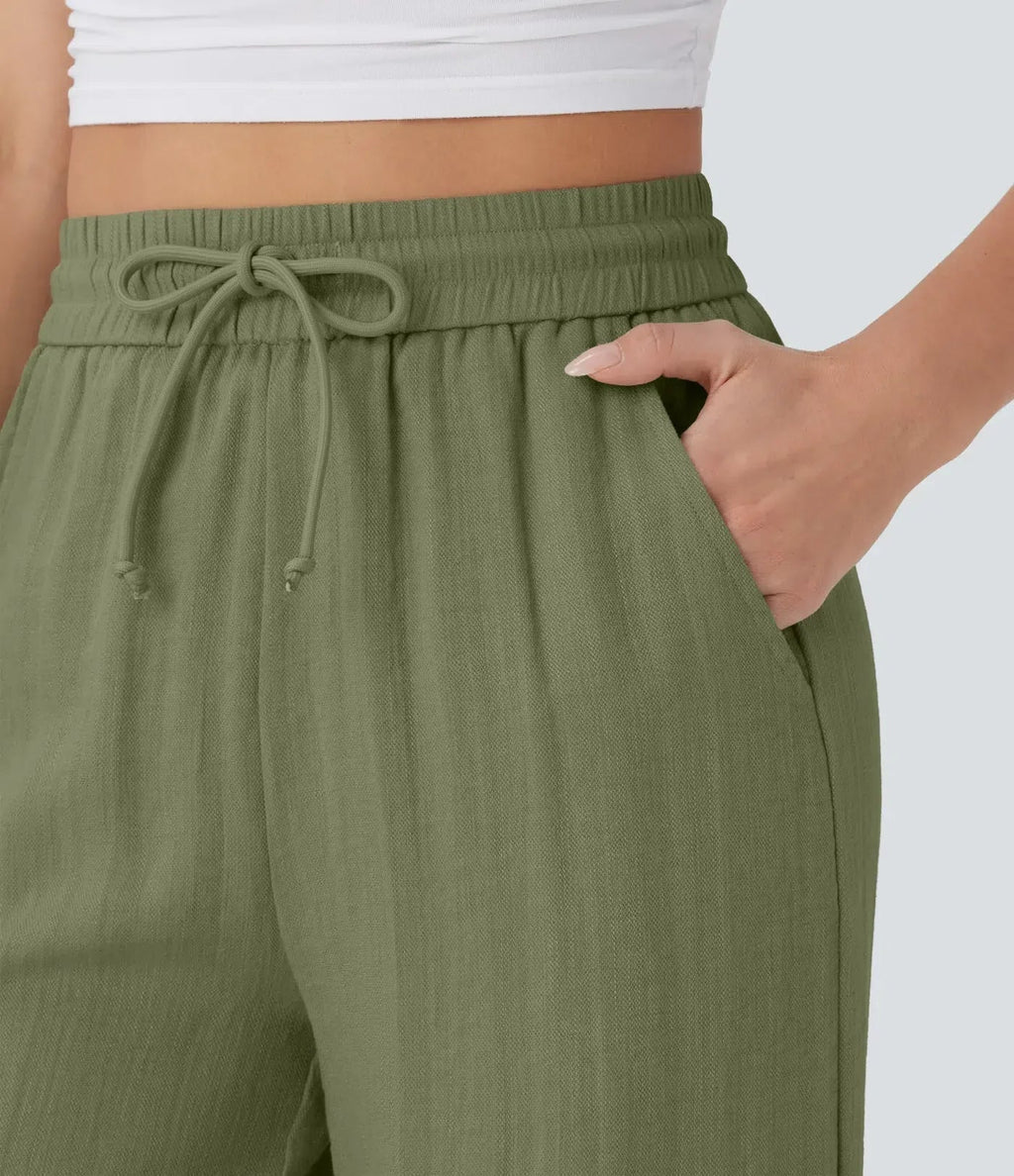 Smocked High Waist Drawstring Wide Leg Linen Pant