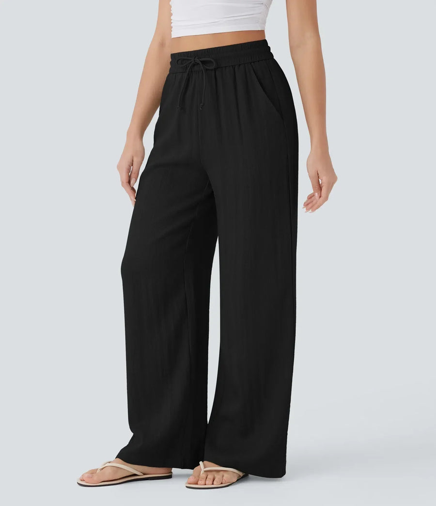 Smocked High Waist Drawstring Wide Leg Linen Pant
