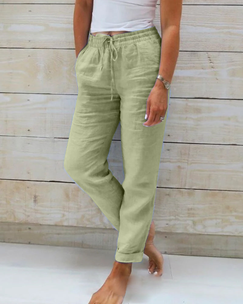 Drawstring Elasticated Waist Straight Leg Linen Pant
