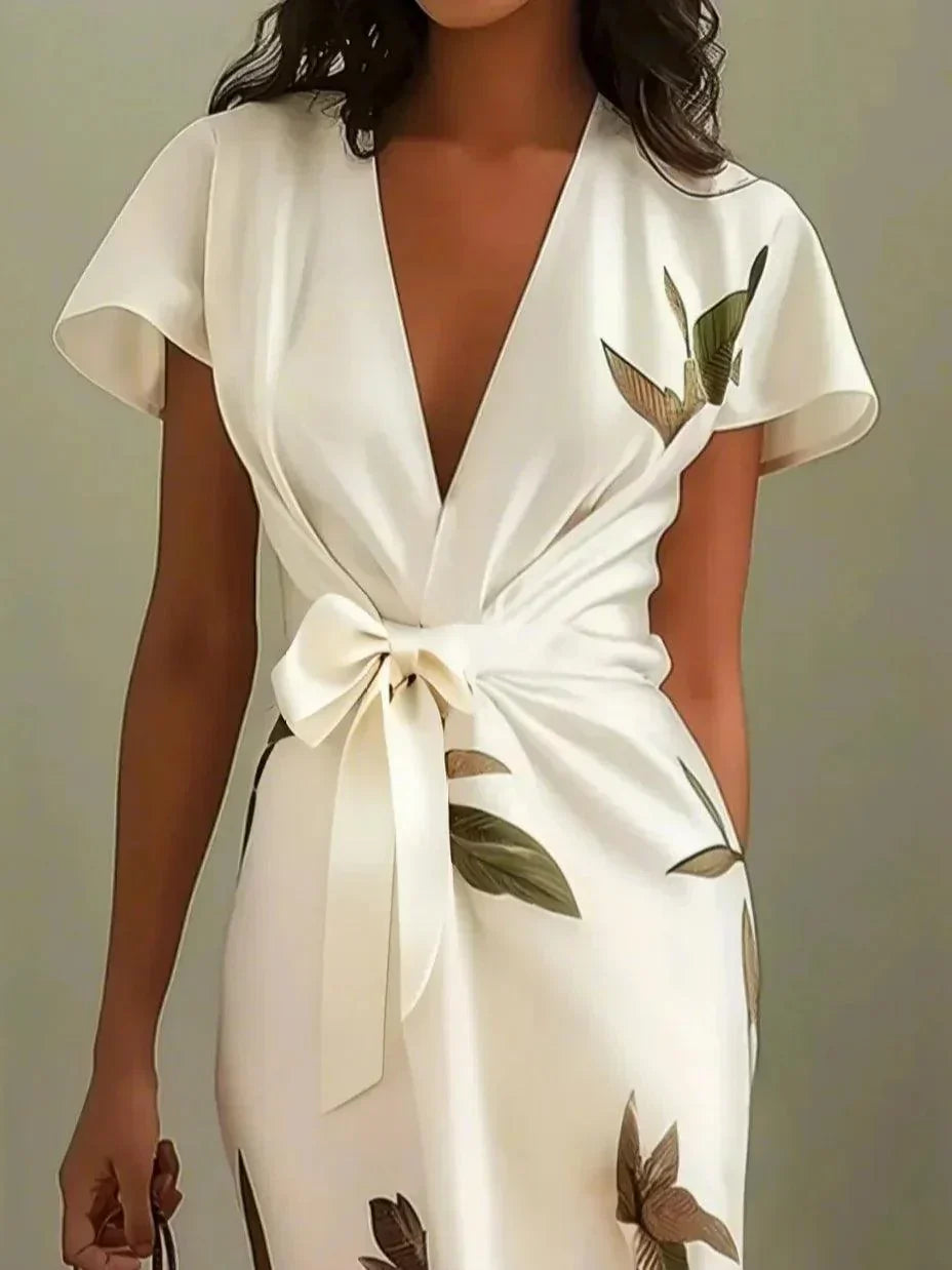 Botanical Print Flutter Sleeve Deep V Bow Tie Wrap Midi Dress