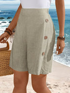 High Waist Side Button Wide Leg Casual Linen Short