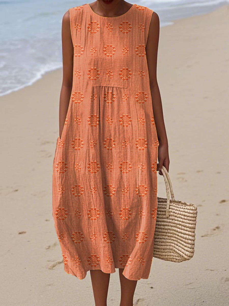 Embroidered Dot Sleeveless Smock Casual Midi Dress
