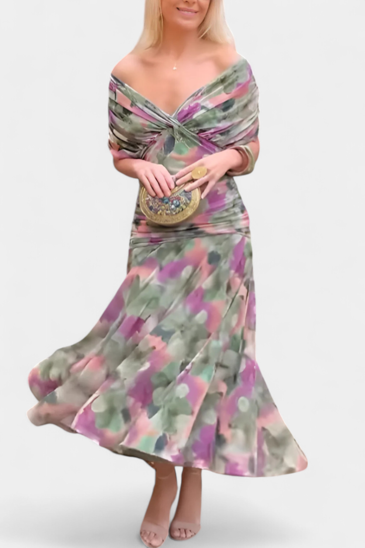 Ruched Off Shoulder Maxi Dress - Formal Evening Gown