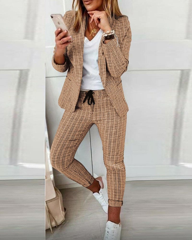 Checked Notch Lapel Blazer and Drawstring Slim Pant Casual Set