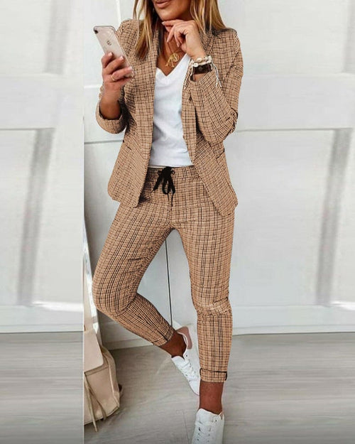 Checked Notch Lapel Blazer and Drawstring Slim Pant Casual Set