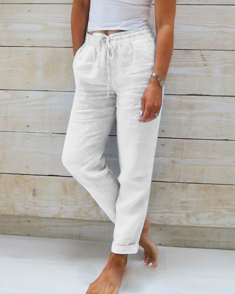 Drawstring Elasticated Waist Straight Leg Linen Pant