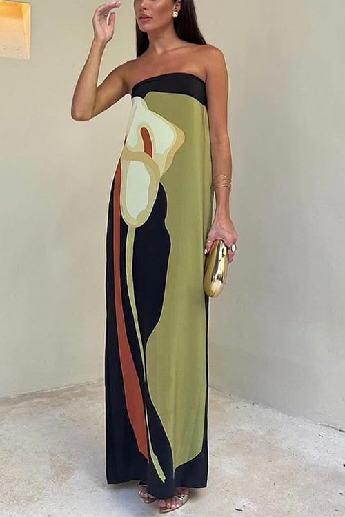 Graphic Floral Strapless Column Maxi Dress - Formal Evening Gown