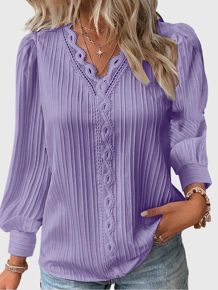 Lace Trim V Neck Textured Puff Sleeve Pullover Blouse