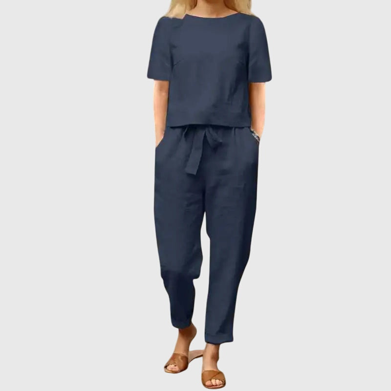 Short Sleeve Crop Top Belted Trouser Linen Two Piece Set