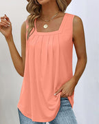 Square Neck Pleated Front Relaxed Fit Sleeveless Tank Top