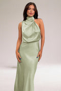 Satin Draped Halter Neck Bias Cut Maxi Dress - Wedding Guest