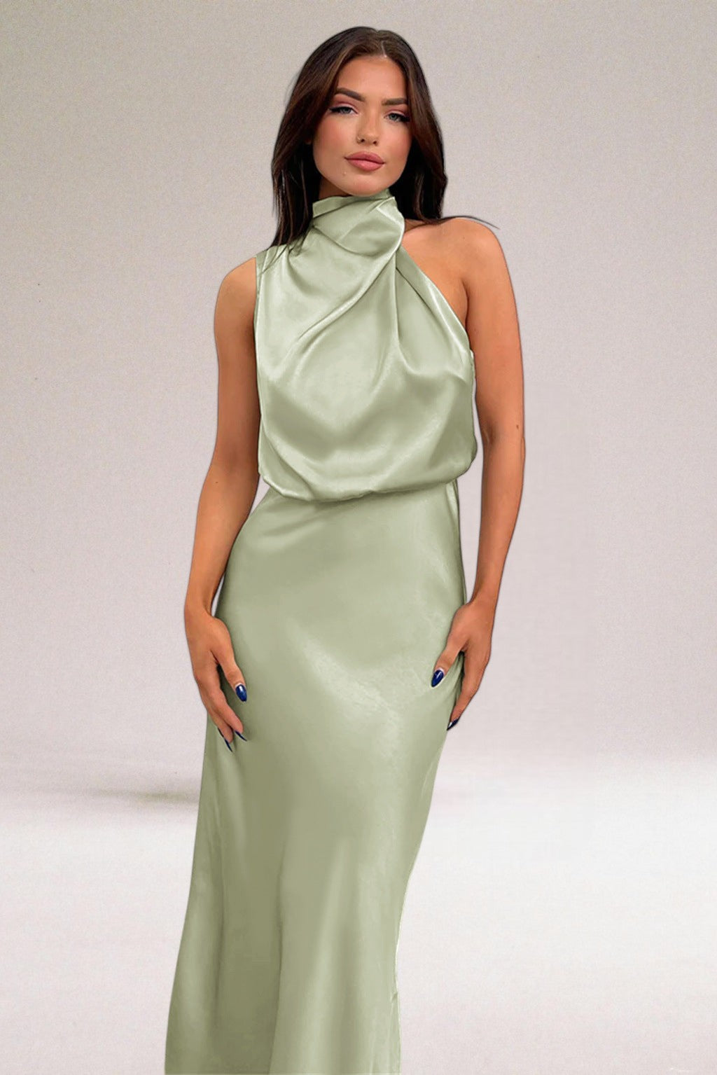 Satin Draped Halter Neck Bias Cut Maxi Dress - Wedding Guest