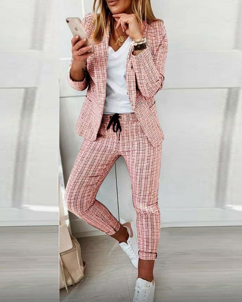 Checked Notch Lapel Blazer and Drawstring Slim Pant Casual Set