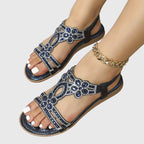 Rhinestone Embellished Cut Out Velcro Flat Sandal
