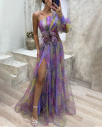 Floral Tulle One Shoulder Split Maxi Dress - Formal Evening Gown