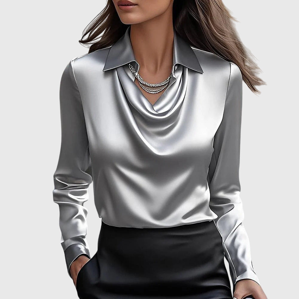 Satin Cowl Neck Collar Long Sleeve Elegant Blouse