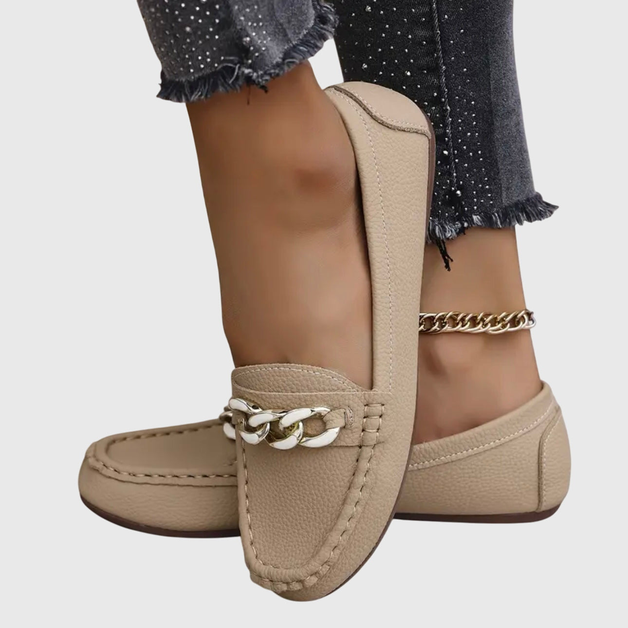 Crystal Chain Embellished Pebbled Leather Slip-On Loafer