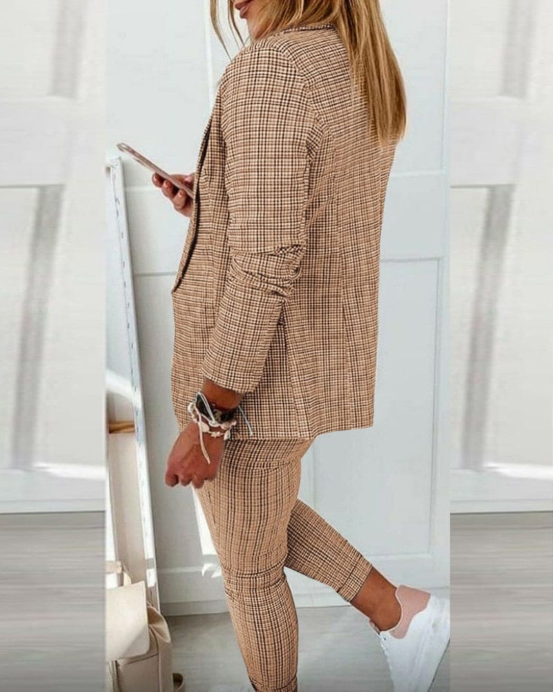 Checked Notch Lapel Blazer and Drawstring Slim Pant Casual Set