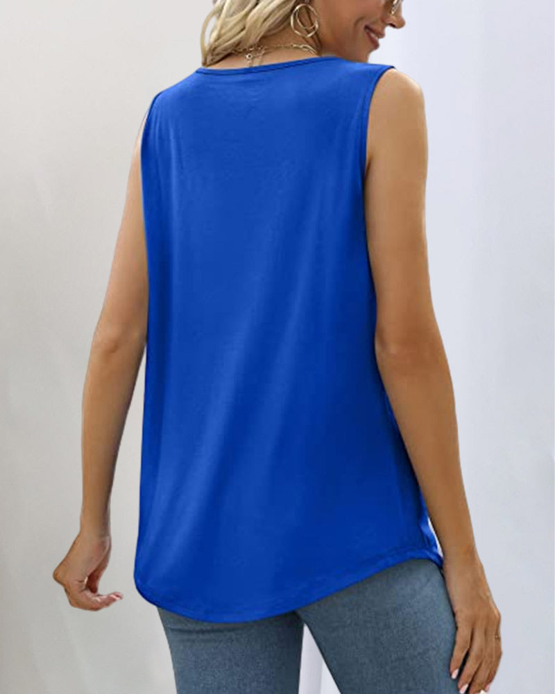 Square Neck Pleated Front Relaxed Fit Sleeveless Tank Top