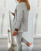 Checked Notch Lapel Blazer and Drawstring Slim Pant Casual Set