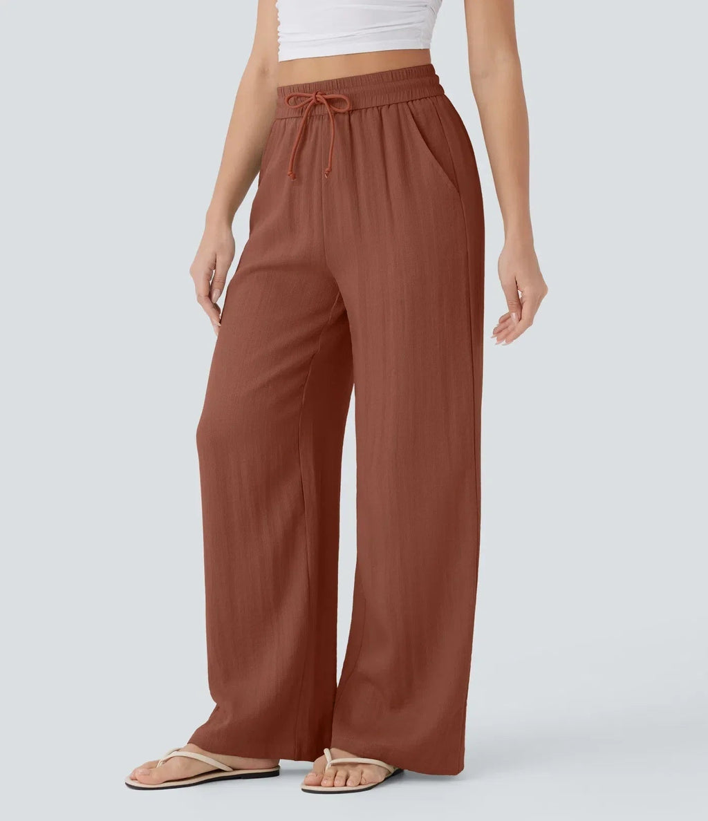 Smocked High Waist Drawstring Wide Leg Linen Pant