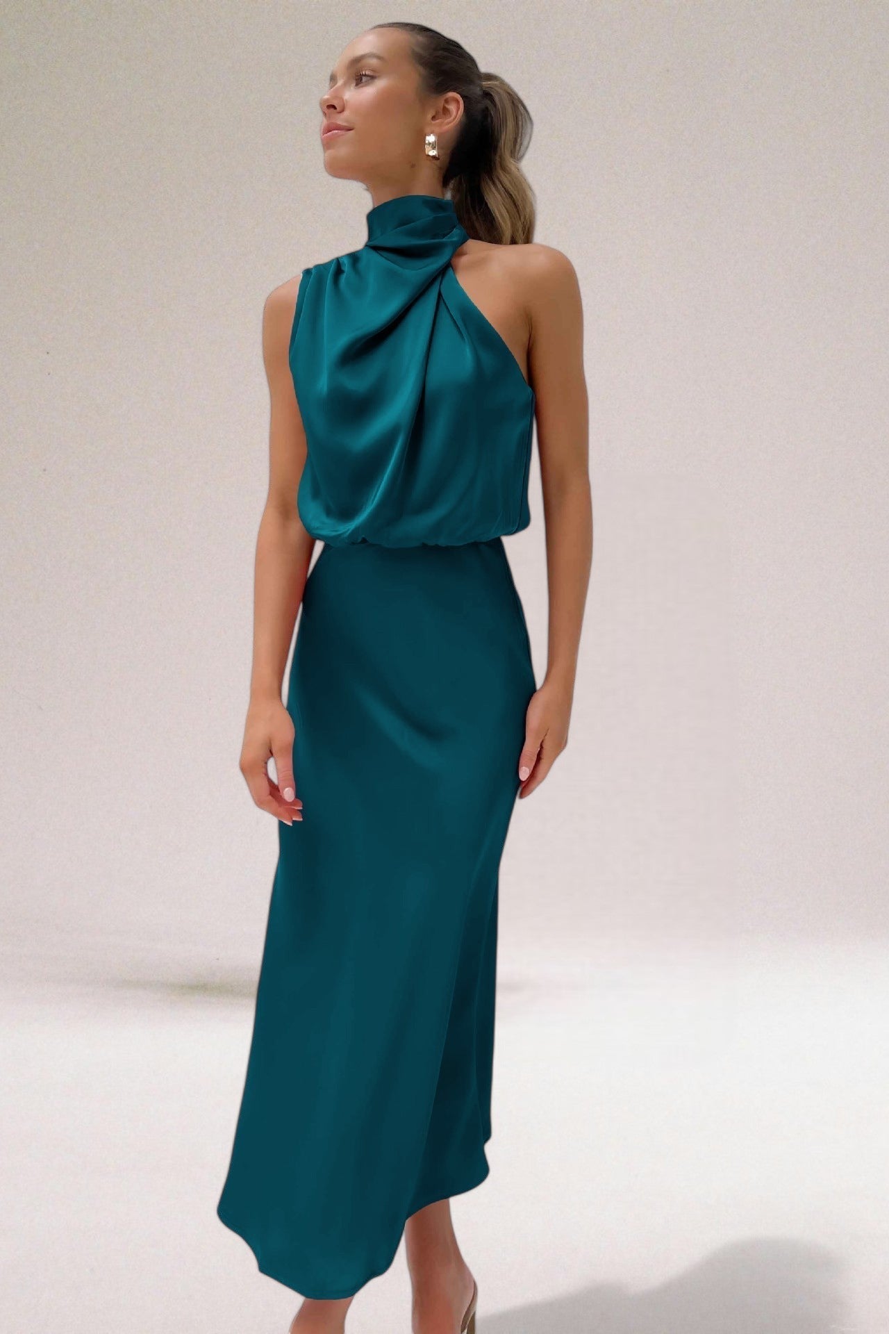 Satin Draped Halter Neck Bias Cut Maxi Dress - Wedding Guest