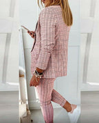 Checked Notch Lapel Blazer and Drawstring Slim Pant Casual Set