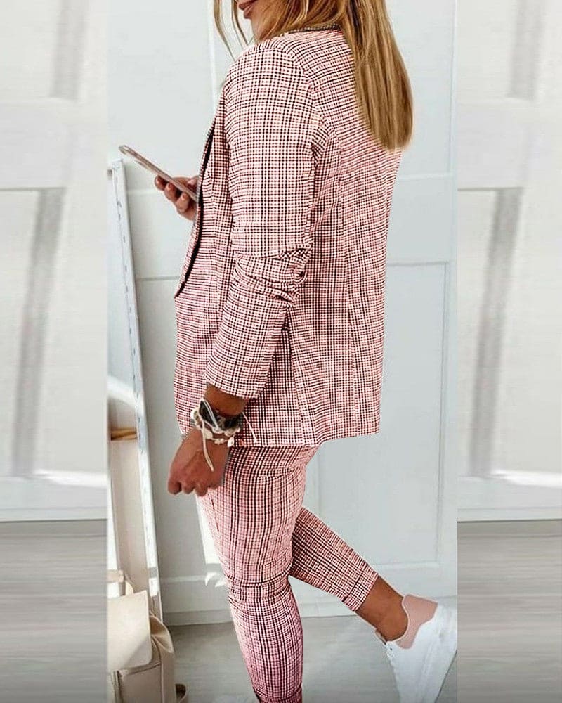 Checked Notch Lapel Blazer and Drawstring Slim Pant Casual Set