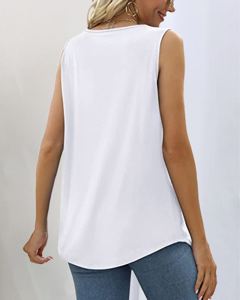 Square Neck Pleated Front Relaxed Fit Sleeveless Tank Top