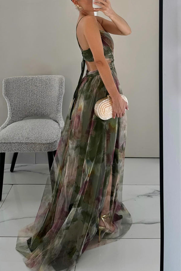 Floral Tulle Strappy Maxi Dress - Formal Evening Gown