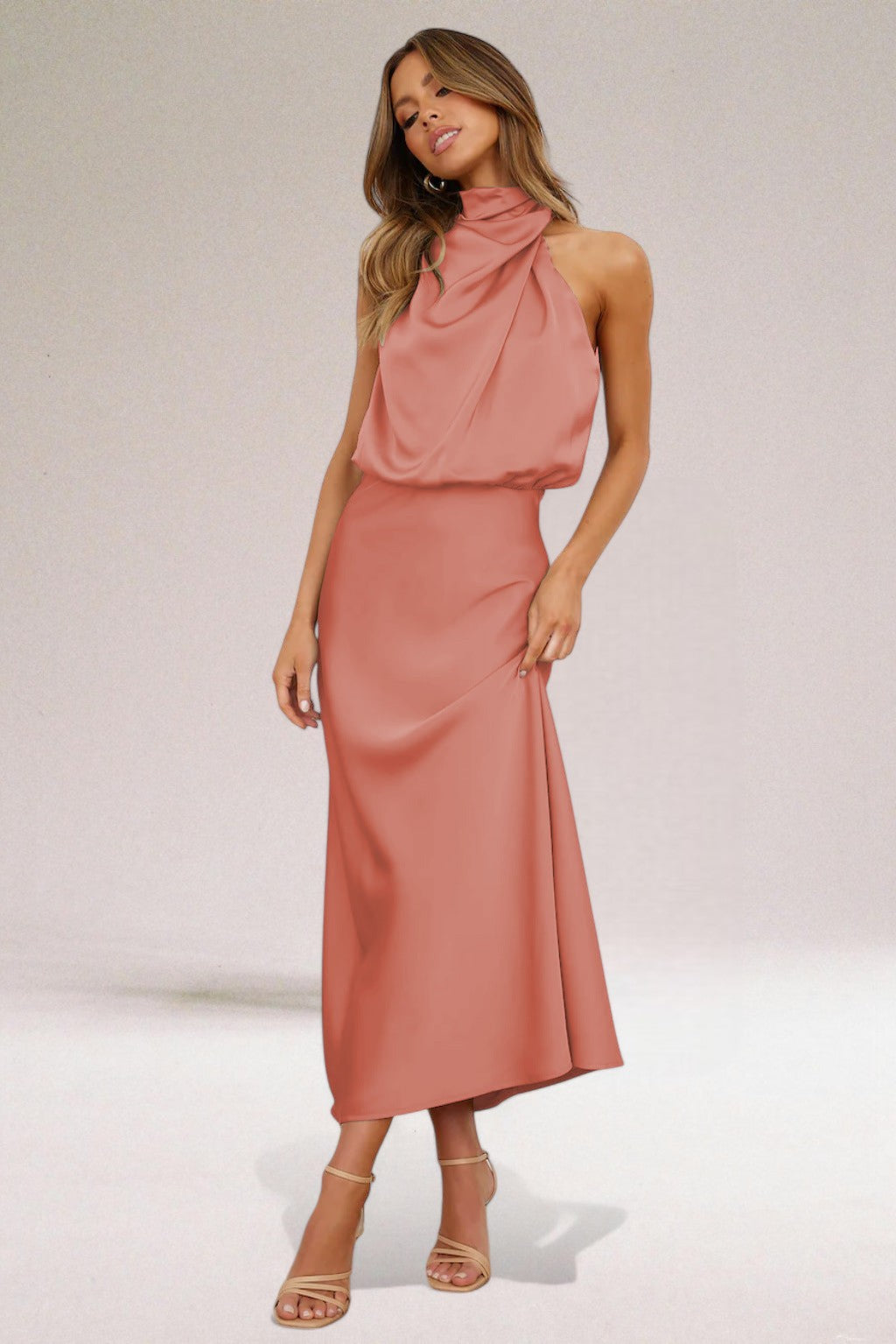 Satin Draped Halter Neck Bias Cut Maxi Dress - Wedding Guest