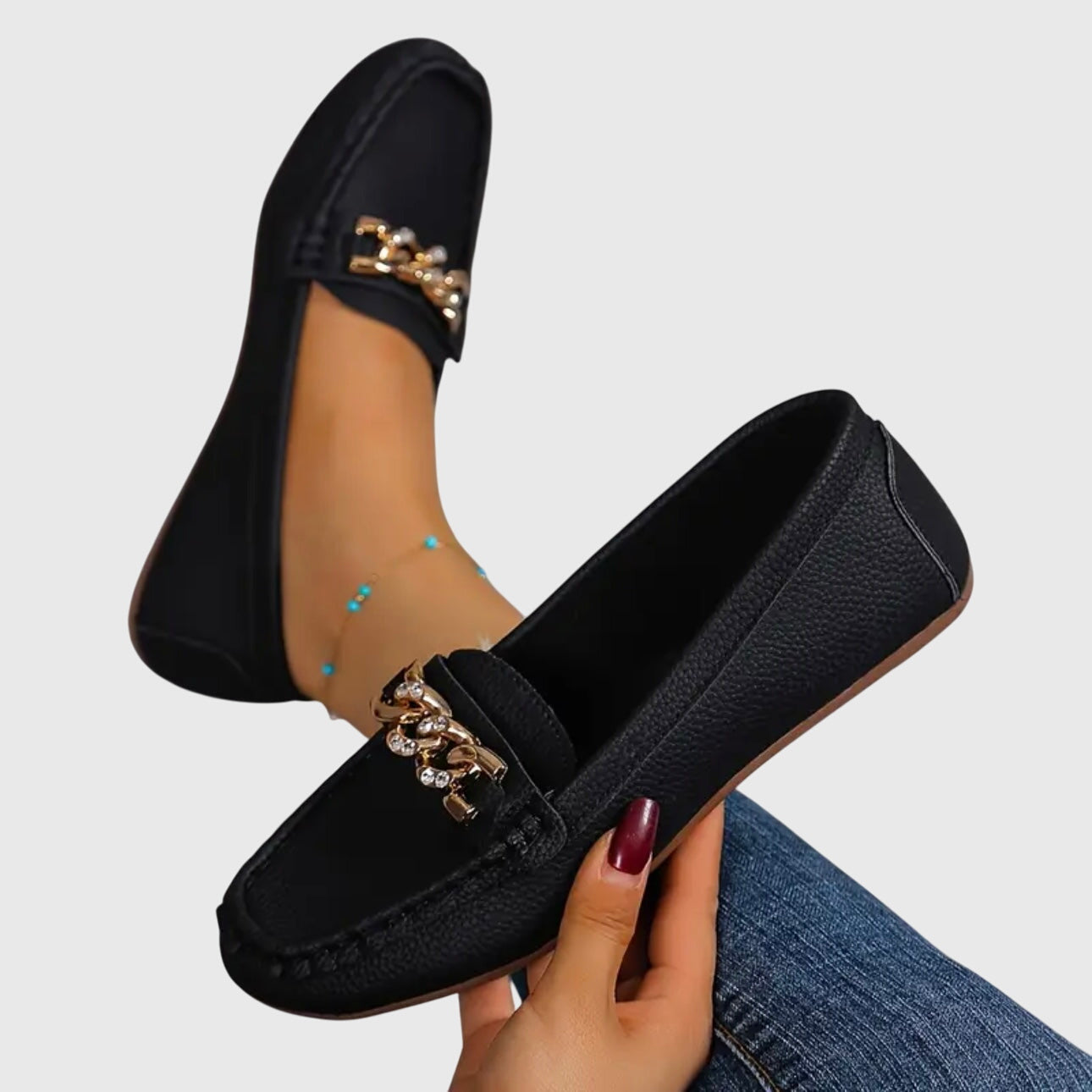 Crystal Chain Embellished Pebbled Leather Slip-On Loafer