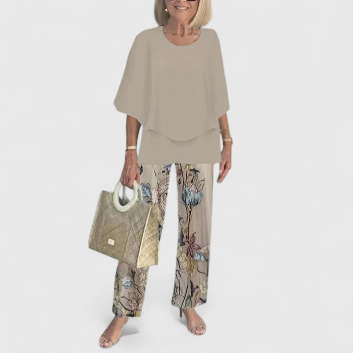Floral Print Wide Leg Trouser Layered Chiffon Top Two Piece Set