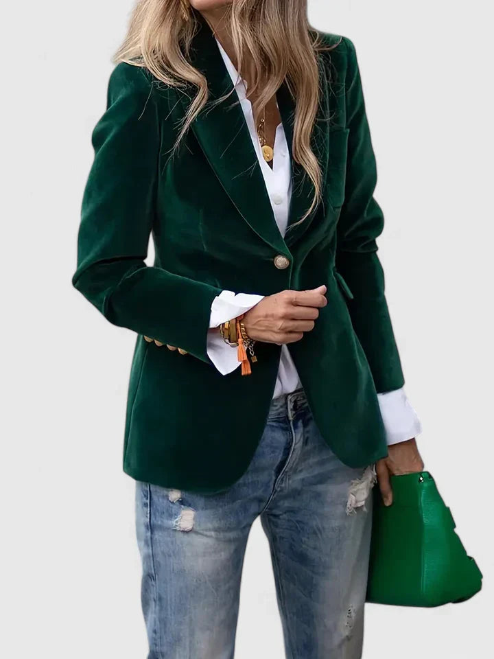 Single Button Gold Trim Velvet Notch Lapel Blazer