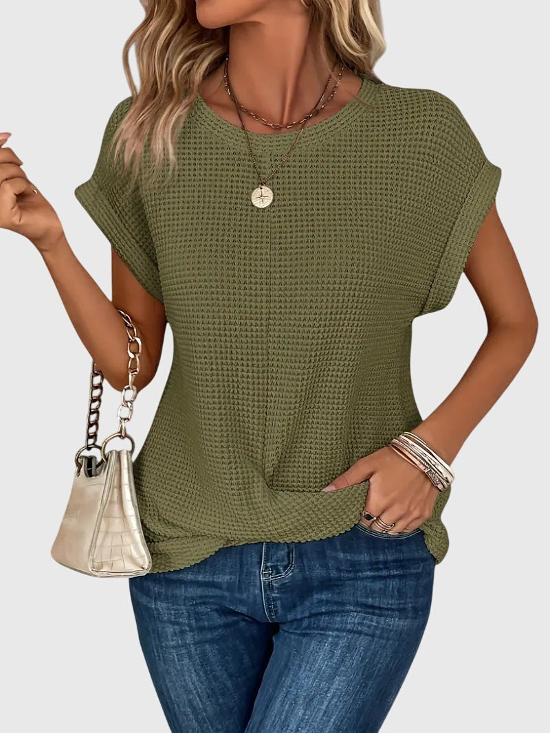 Waffle Knit Crew Neck Rolled Cuff Cap Sleeve Relaxed Top