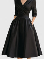 Ruched Wrap Collar A Line Satin Midi Dress - Wedding Guest