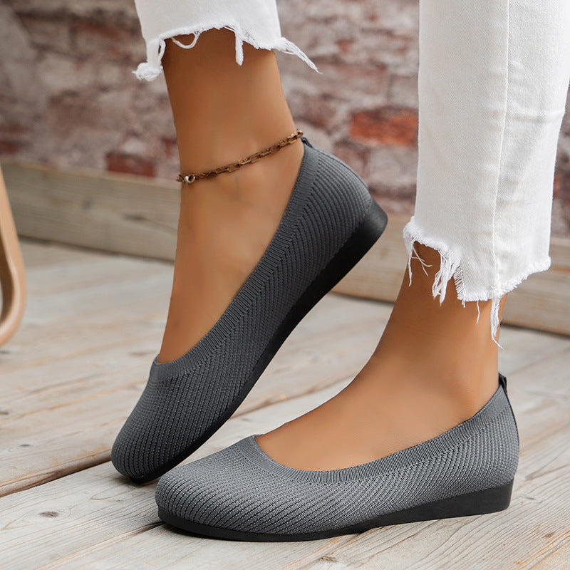 Ribbed Knit Slip On Cushioned Insole Round Toe Ballet Flat