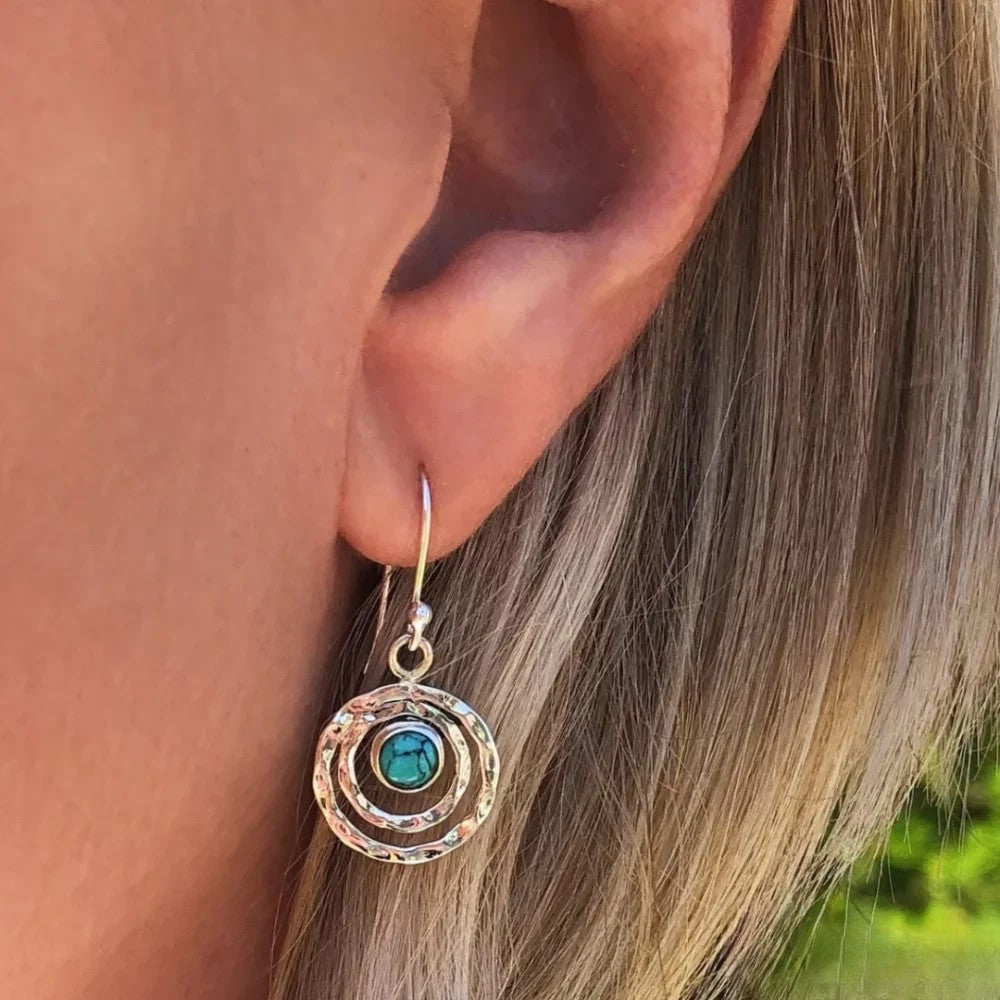 Hammered Spiral Halo Turquoise Stone Drop Earring