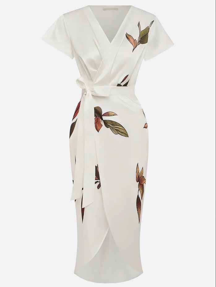 Botanical Print Flutter Sleeve Deep V Bow Tie Wrap Midi Dress