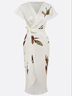 Botanical Print Flutter Sleeve Deep V Bow Tie Wrap Midi Dress