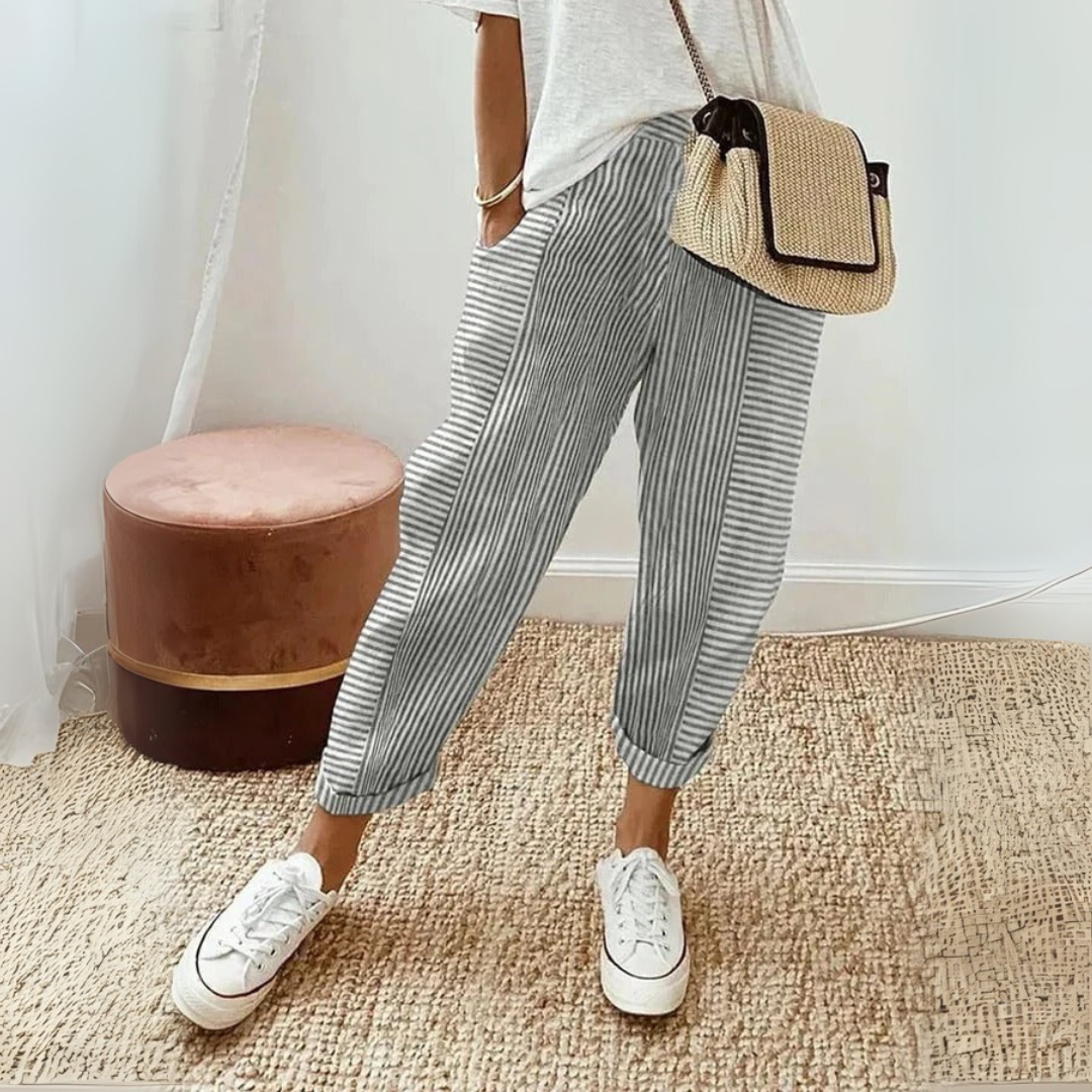 Striped Roll Cuff Elasticated Waist Casual Linen Pant