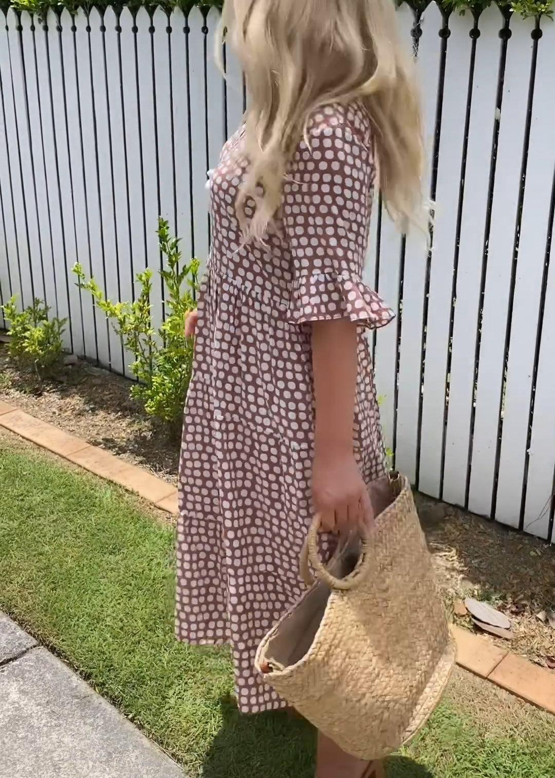 Polka Dot Square Neck Puff Sleeve Tiered Midi Dress