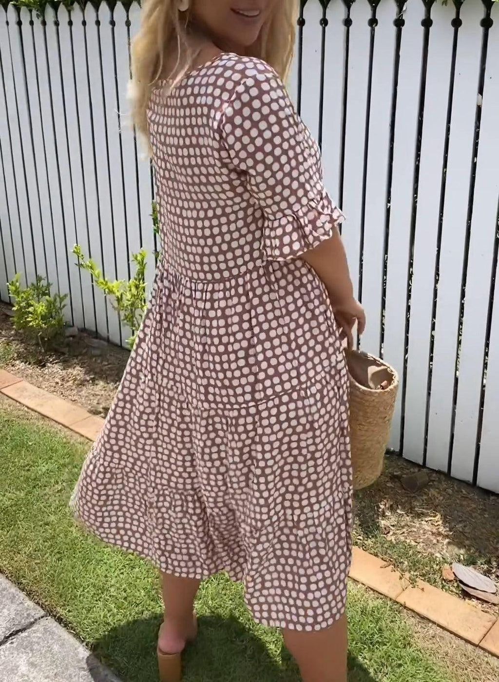 Polka Dot Square Neck Puff Sleeve Tiered Midi Dress